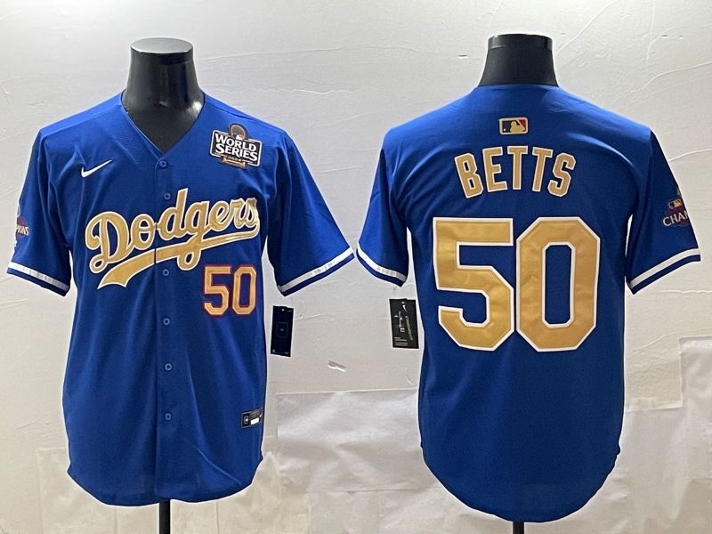 Men Los Angeles Dodgers 50 Betts Blue Champion gold character 2025 Nike MLB Jersey style 4123